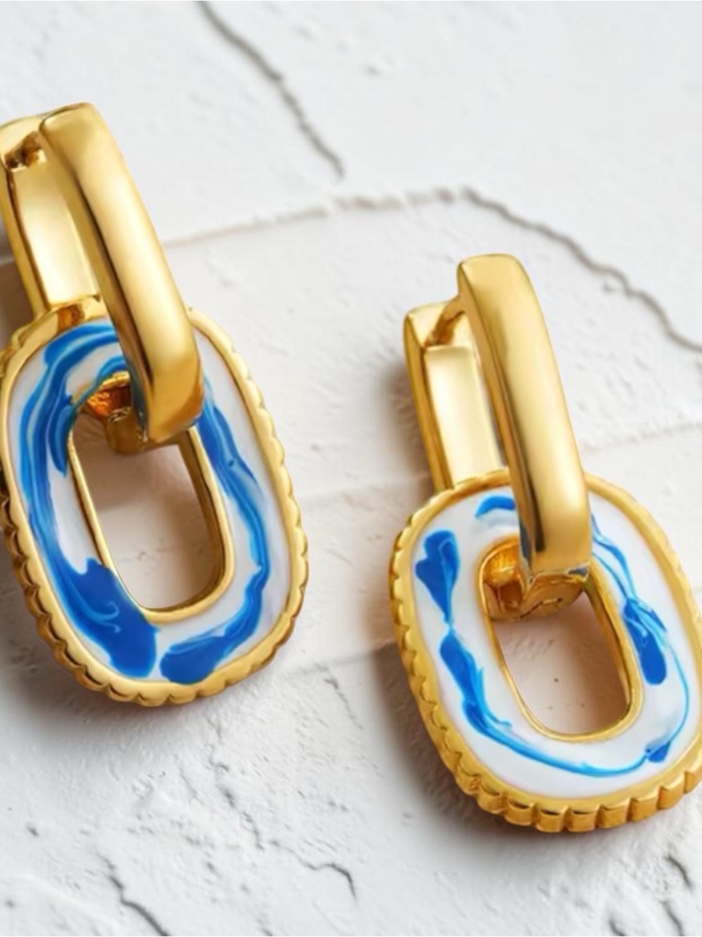 Gold-Tone Blue & White Enamel Drop Earrings 0.47*0.96” - Women Jewelry